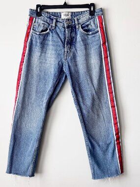 ZARA Authentic Denim TRF Medium Wash Side Stripe Straight Cropped Jeans 6